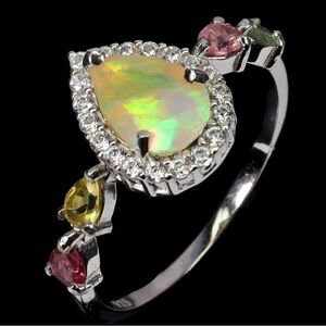 Fire Opal Pear cut with Tourmaline in 925SS Ring Sz 9 free earrings thru 2/14